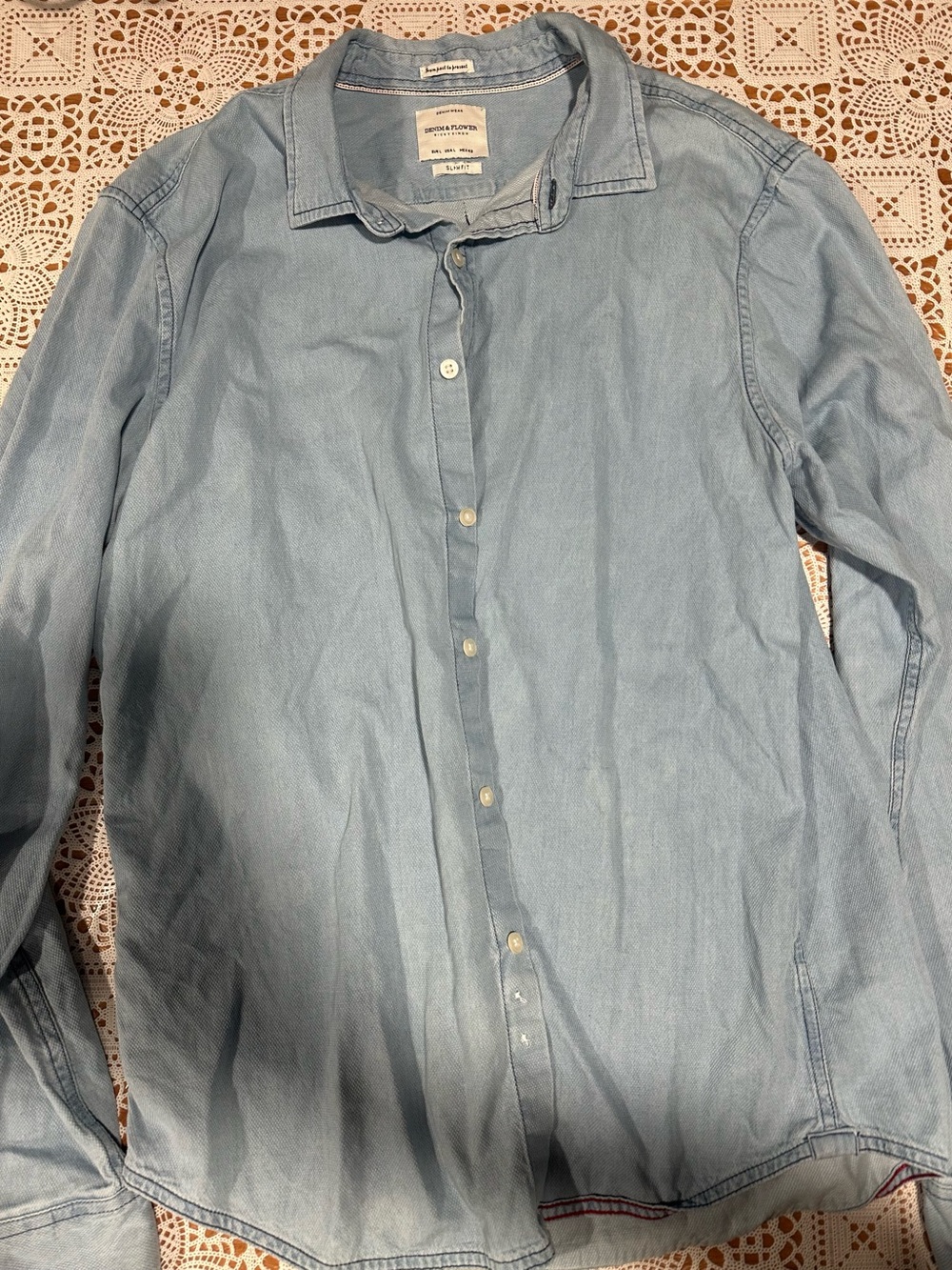 Denim & Flower Ricky Singh Chambray Button Up Shirt Blue Slim Fit Men’s Large